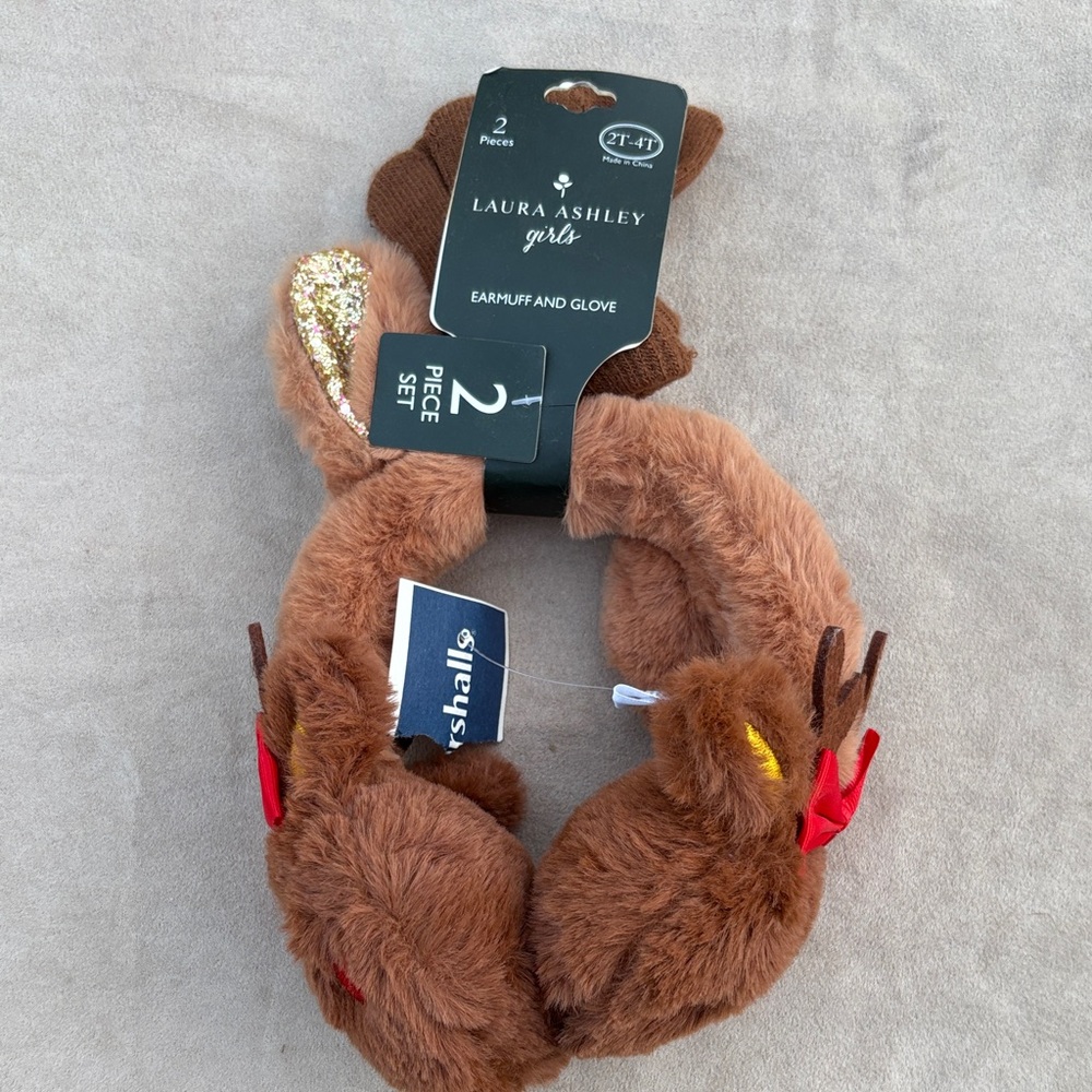 2T-4T Toddler Girls 2-Piece Laura Ashley Brown Gold Kids Ear Muff and Glove Set